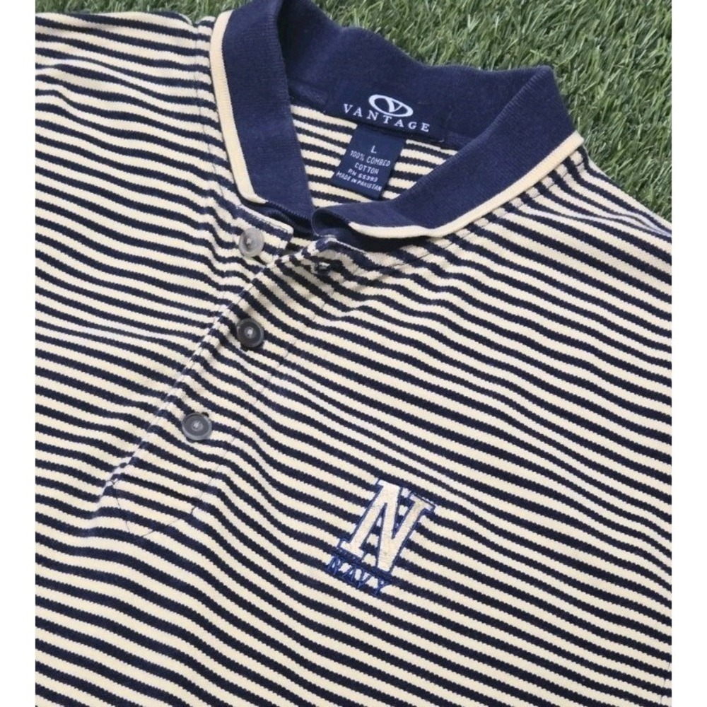 Vantage Mens Polo Shirt Large L Navy Blue Yellow Striped Short Sleeve US Navy N